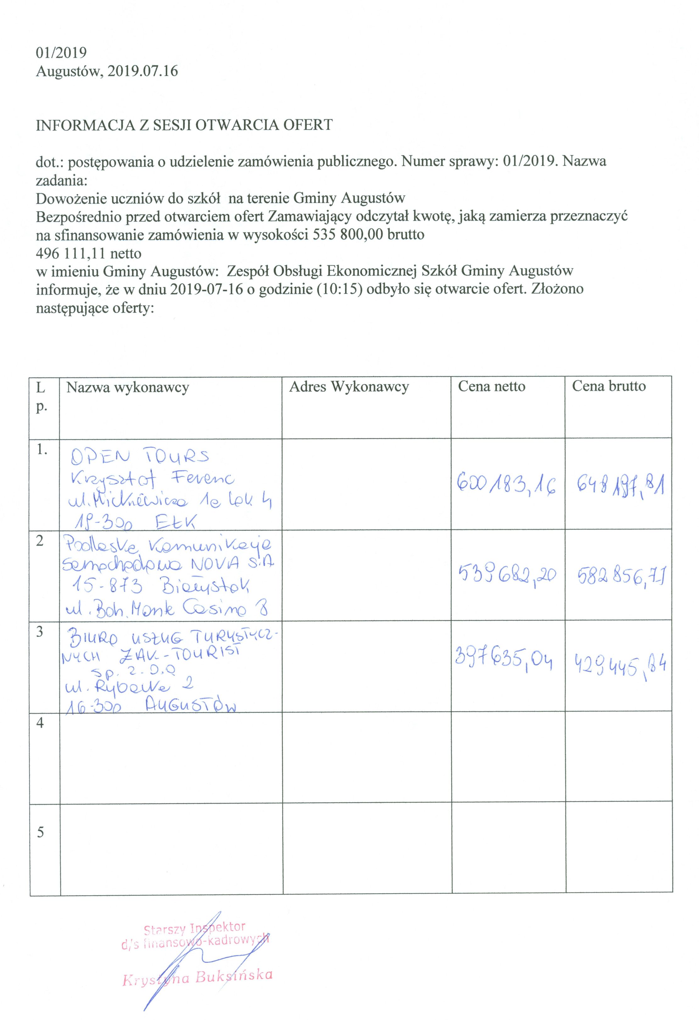 Informacja z otwarcia ofert