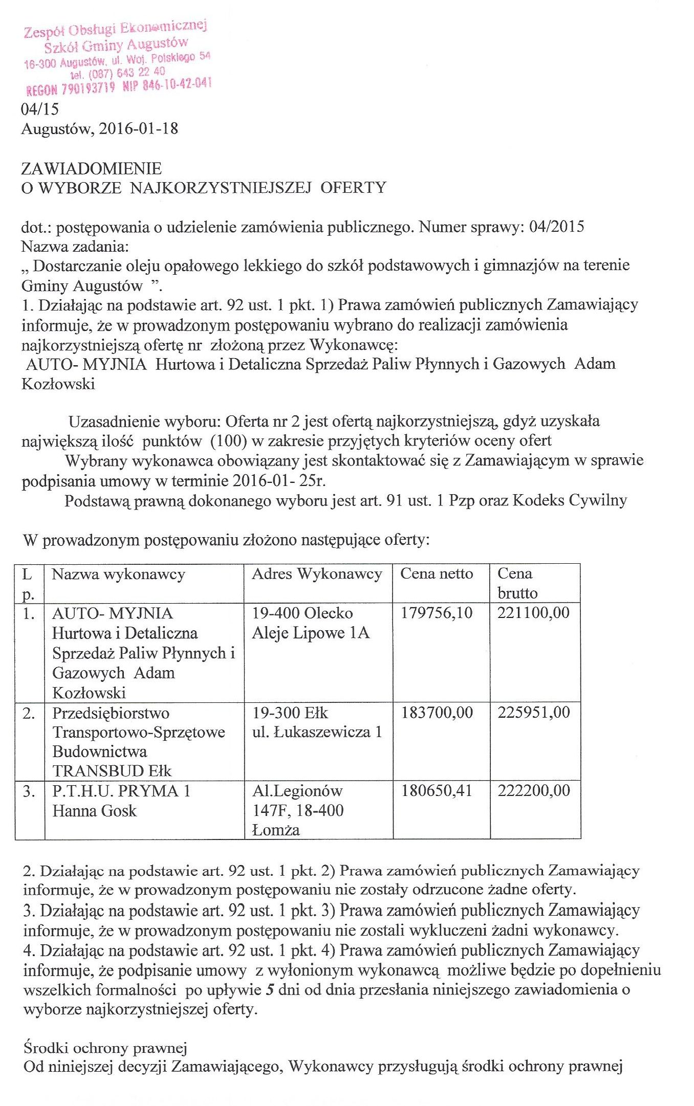 Zawiadomienie o wyborze najkorzystniejszej oferty na „Dostarczanie oleju opałowego lekkiego do szkół podstawowych i gimnazjów na terenie Gminy Augustów”.